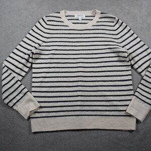 Nordstrom 100% Cashmere Sweater Large Crew Neck Black Ivory Striped Long Sleeve